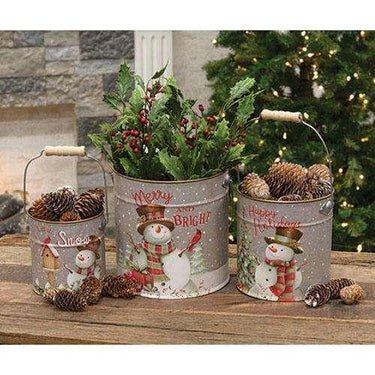 3/Set, Metal Snowman Buckets - The Fox Decor